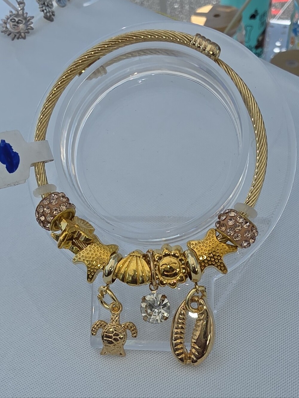 Handmade Gold Charm Bangle Bracelet with Sea-Themed Charms